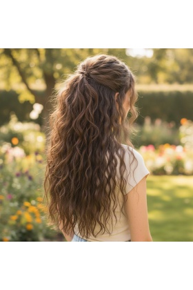 Fiber Sentetik Kabarık Dalgalı Yarım Ay + 2 Yan Çıt Çıt - Açık Kahve