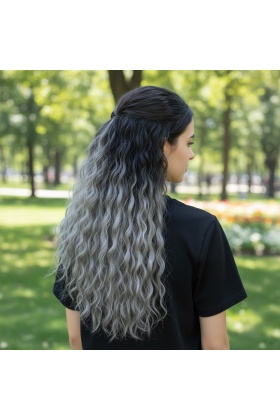 Fiber Sentetik Kabarık Dalgalı Yarım Ay + 2 Yan Çıt Çıt - Siyah Gri Ombreli