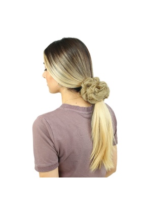 Yoğun Saçlı Lastikli Topuz Toka - Karamel Platin Röfleli