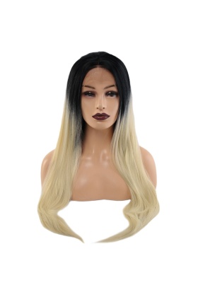 Fiber Sentetik Düz Uzun Tül Peruk - Siyah Platin Orta Ombreli