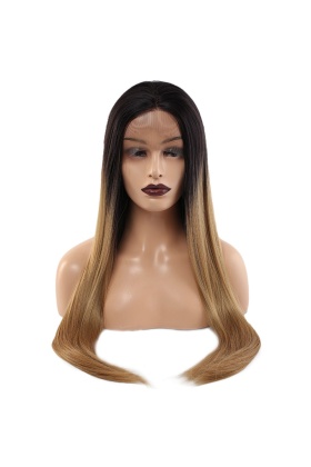 Fiber Sentetik Düz Uzun Tül Peruk - Siyah Karamel Orta Ombreli
