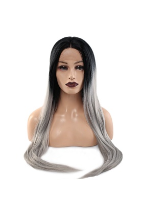 Fiber Sentetik Düz Uzun Tül Peruk - Siyah Gri Ombreli