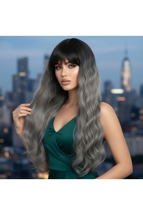 Perçemli Uzun Su Dalgası Fiber Sentetik Peruk - Siyah / Gri Ombreli