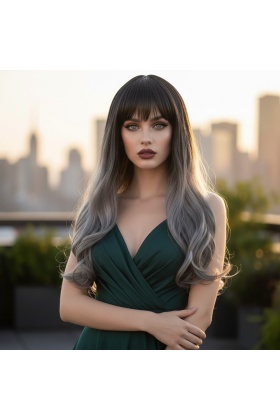 Kahküllü Uzun Dalgalı Fiber Sentetik Peruk - Siyah Gri Ombreli