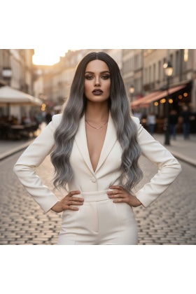 Fiber Sentetik Uzun Su Dalgası Peruk - Siyah Gri Ombreli