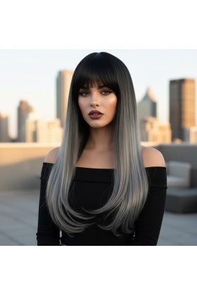 Fiber Sentetik Uzun Düz Kahküllü Peruk - Siyah Gri Ombreli