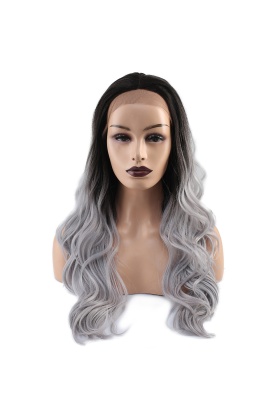 Su Dalgası Fiber Sentetik Tül Peruk - Siyah / Gri Ombreli