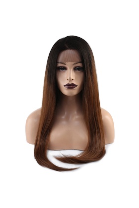 Düz Fiber Sentetik Tül Peruk - Siyah / Karamel Ombreli