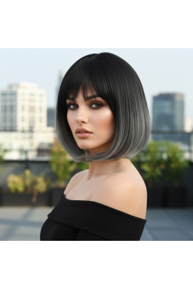 Küt Perçemli Fiber Sentetik Peruk - Siyah / Gri Ombreli