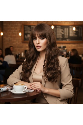 Dalgalı Perçemli Uzun Fiber Sentetik Peruk - Koyu Kumral