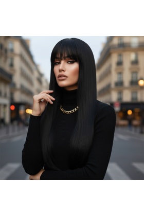 Düz Perçemli Uzun Fiber Sentetik Peruk - Siyah