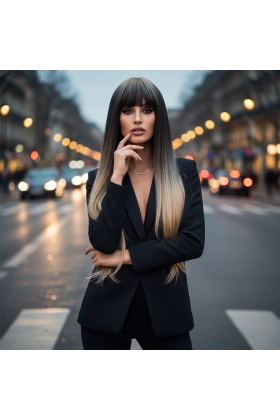 Düz Perçemli Uzun Fiber Sentetik Peruk - Küllü Siyah / Balköpüğü Ombreli