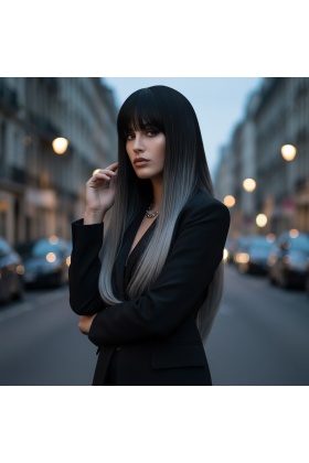 Düz Perçemli Uzun Fiber Sentetik Peruk - Siyah / Gri Ombreli