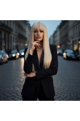 Düz Perçemli Uzun Fiber Sentetik Peruk - Platin