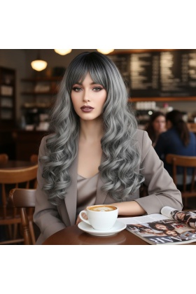 Dalgalı Perçemli Uzun Fiber Sentetik Peruk - Siyah / Gri Ombreli