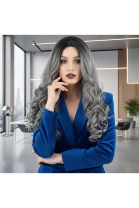 Dalgalı Perçemsiz Uzun Fiber Sentetik Peruk - Siyah / Gri Ombreli