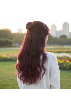 Fiber Sentetik Dalgalı Yarım Ay + 2 Yan Çıt Çıt - Koyu Kızıl