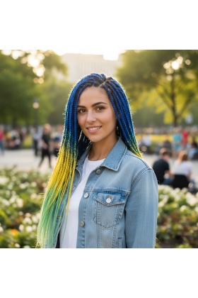 Afrika Örgüsü Ve Rasta İçin Sentetik Ombreli Saç - Lacivert / Sarı / Fıstık Yeşili