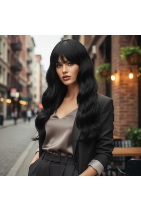 Dalgalı Perçemli Fiber Sentetik Orta Boy Peruk - Siyah