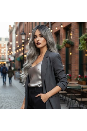 Dalgalı Perçemli Fiber Sentetik Orta Boy Peruk - Siyah Gri Ombreli