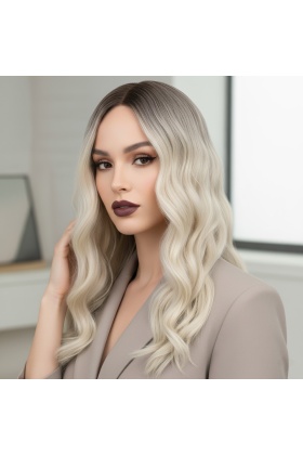 Dalgalı Perçemli Fiber Sentetik Orta Boy Peruk - Kahverengi / Beyaz Platin Ombreli