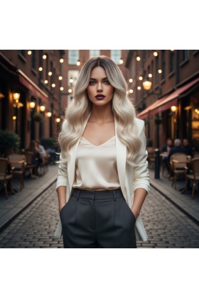 Dalgalı Perçemli Fiber Sentetik Orta Boy Peruk - Kahve / Beyaz Platin Röfleli