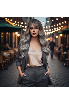 Dalgalı Perçemli Fiber Sentetik Orta Boy Peruk - Ombre ve Röfleli