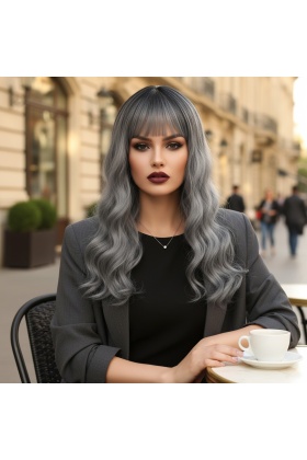 Dalgalı Kısa Perçemli Fiber Sentetik Peruk - Siyah / Gri Ombreli