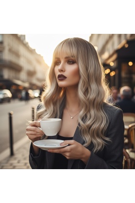 Dalgalı Kısa Perçemli Fiber Sentetik Peruk - Kahve / Platin Ombre ve Röfleli