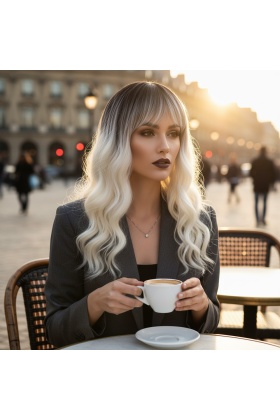 Dalgalı Kısa Perçemli Fiber Sentetik Peruk - Kahve / Beyaz Platin Ombreli