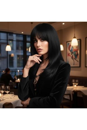 Katlı Kesim Perçemli Düz Fiber Sentetik Orta Boy Peruk - Siyah