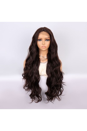 Kahverengi Uzun Dalgalı  Fiber Sentetik Tül Peruk