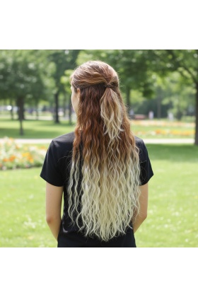 Fiber Sentetik Kabarık Dalgalı Yarım Ay + 2 Yan Çıt Çıt - Koyu Kumral Platin Ombreli