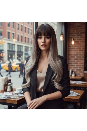 Doğal Dalgalı Perçemli Fiber Sentetik Uzun Boy Peruk - Koyu Kumral / Rus Kumralı Ombreli