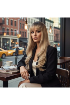 Doğal Dalgalı Perçemli Fiber Sentetik Uzun Boy Peruk - Kumral / Platin Ombre ve Röfleli