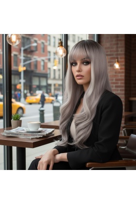 Doğal Dalgalı Perçemli Fiber Sentetik Uzun Boy Peruk - Koyu Kumral / Açık Rus Kumralı Ombre ve Röfleli