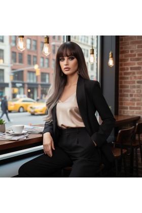 Doğal Dalgalı Perçemli Fiber Sentetik Uzun Boy Peruk - Koyu Kumral / Rus Kumralı Ombre ve Röfleli