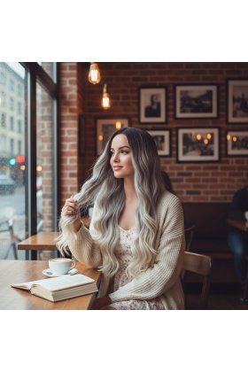 Uzun Su Dalgası Fiber Sentetik Peruk - Küllü Kumral / Beyaz Platin Ombre