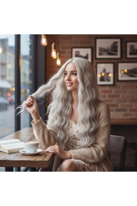 Uzun Su Dalgası Fiber Sentetik Peruk - Küllü Beyaz