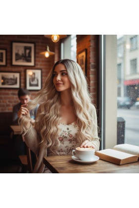 Uzun Su Dalgası Fiber Sentetik Peruk - Kumral / Bal Köpüğü Ombre ve Platin Röfleli