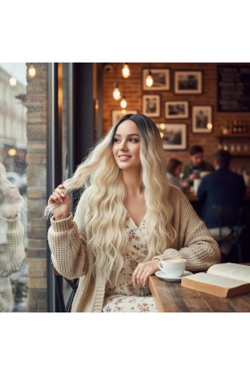 Uzun Su Dalgası Fiber Sentetik Peruk - Kahve / Platin Ombre