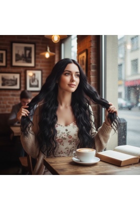 Uzun Su Dalgası Fiber Sentetik Peruk - Koyu Kahve