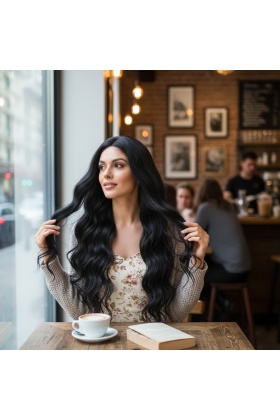 Uzun Su Dalgası Fiber Sentetik Peruk - Siyah