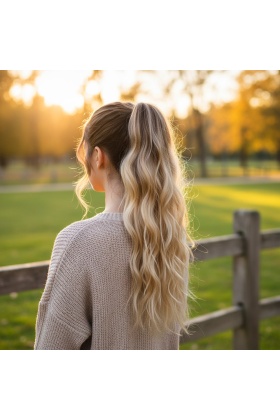 Bağlamalı Kabarık Dalgalı At Kuyruğu - Kahve / Bal Köpüğü Ombre ve Platin Işıltılı