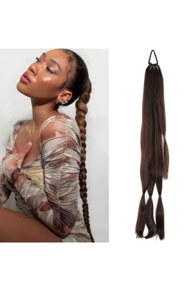 Üçlü Örgü Tokalı At Kuyruğu - Kahve Karamel