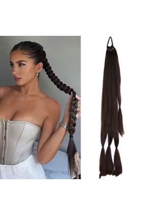 Üçlü Örgü Tokalı At Kuyruğu - Kahverengi