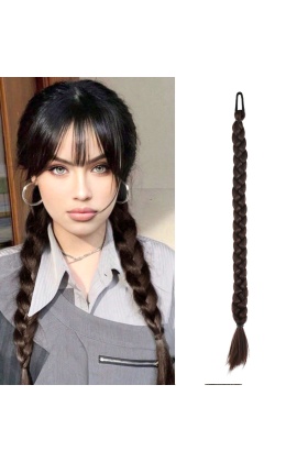 İkili Örgü Lastik Tokalı At Kuyruğu - Kahve Karamel