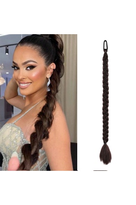 İkili Örgü Lastik Tokalı At Kuyruğu - Kahverengi