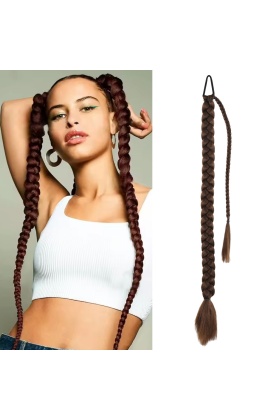 Üçlü Örgülü Tokalı Bağlamalı At Kuyruğu - Açık Kahve