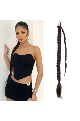 Üçlü Örgülü Tokalı Bağlamalı At Kuyruğu - Kahve Karamel